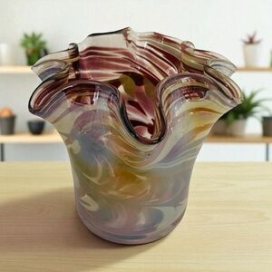 Murano Hand Blown Art Glass Amber & White Handkerchief Vase – Ruffled Edge – 5”